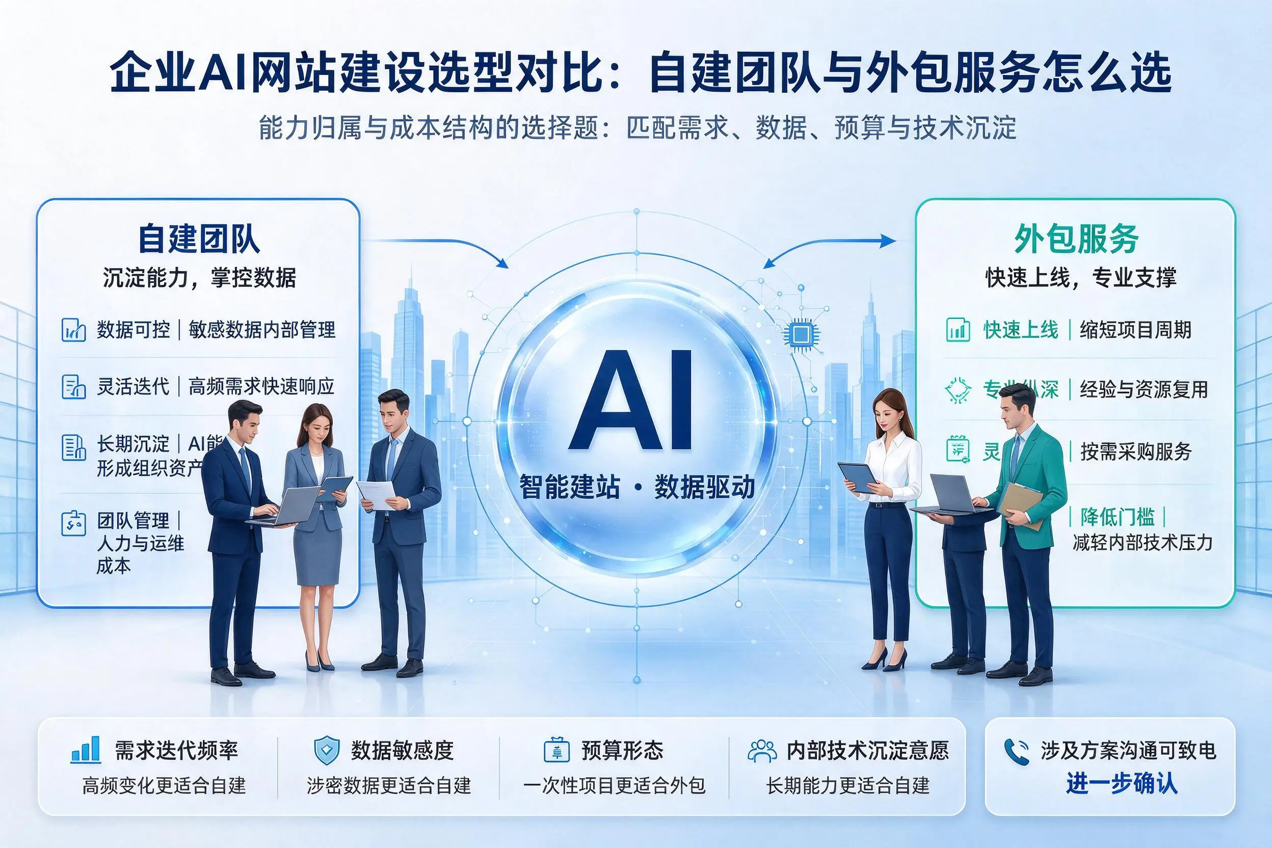海口企业AI网站建设选型对比:自建团队与外包服务怎么选